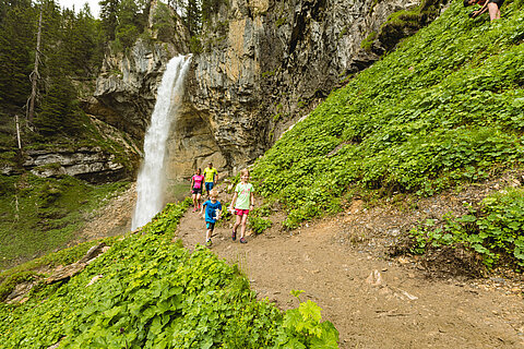 Eine Familie vor dem Johanneswasserfall